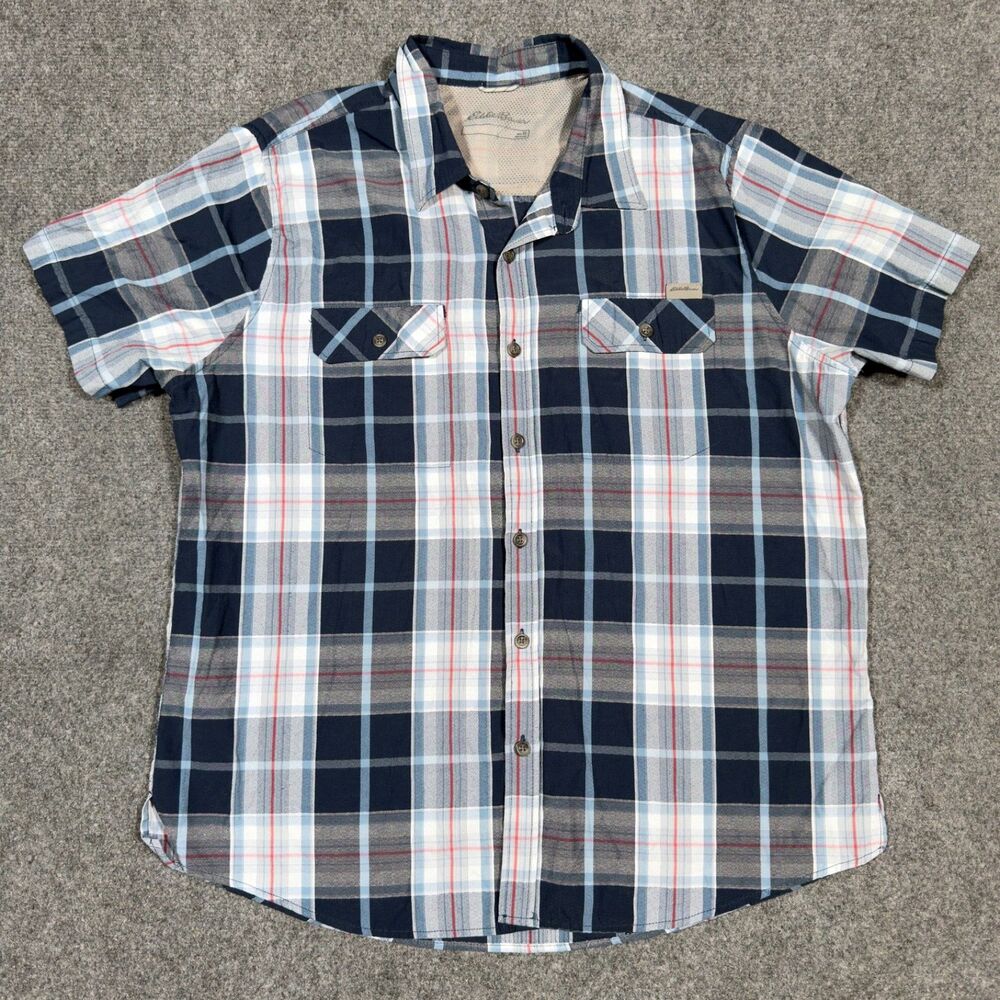 Eddie Bauer Plaid Short Sleeve Buttom Blue Red White Outdoor Shirt Men's XL - Picture 2 of 6